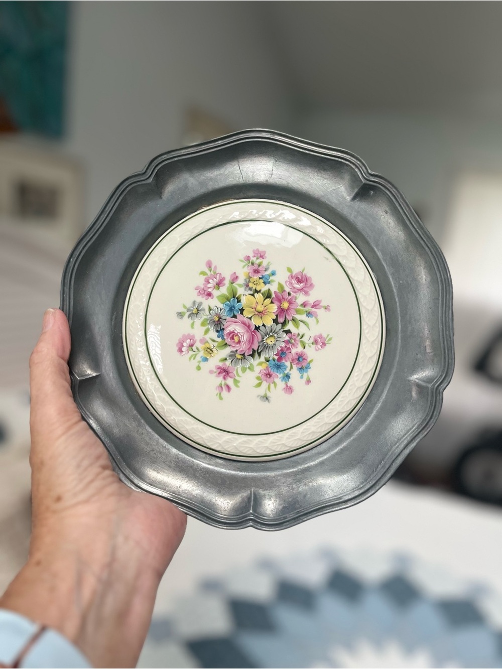 Floral Bone China Plate with Pewter wall plate- Pink Yellow Blue Flowers
